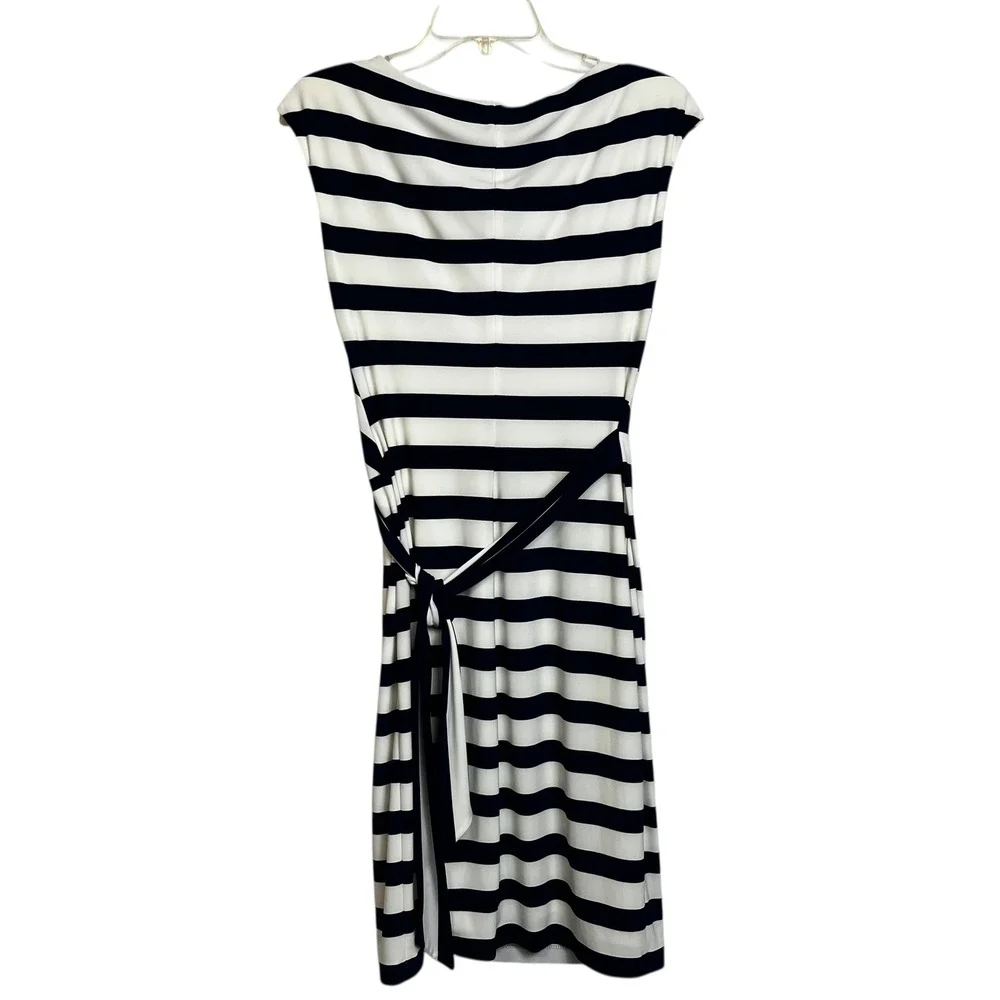 Lauren Ralph Lauren Navy‎ White Striped Draped Neck Sheath Dress Size 4